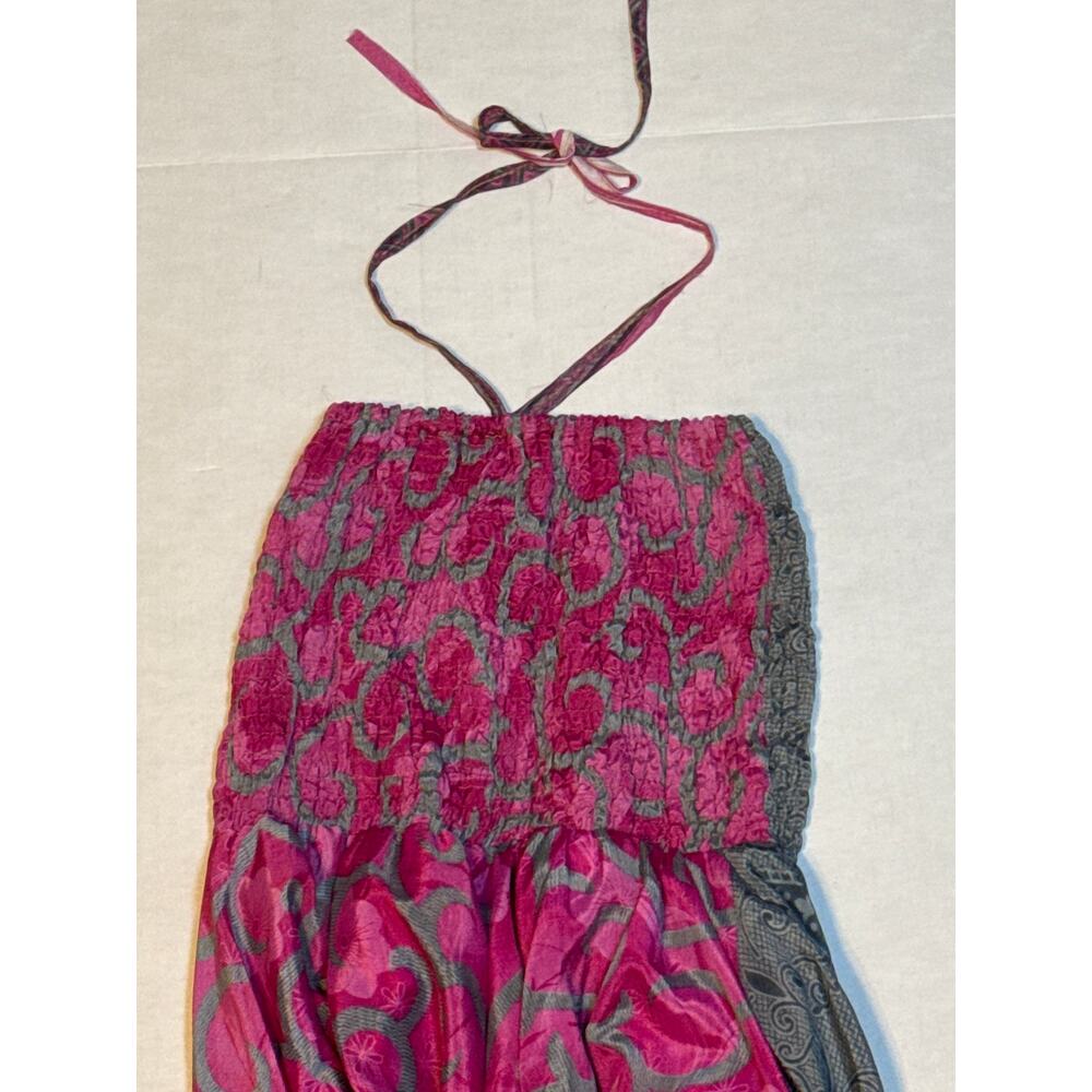 Vintage Asymmetrical Silk Dress Pink Mixed Prints Smocked Bust Womens Small - Picture 3 of 8